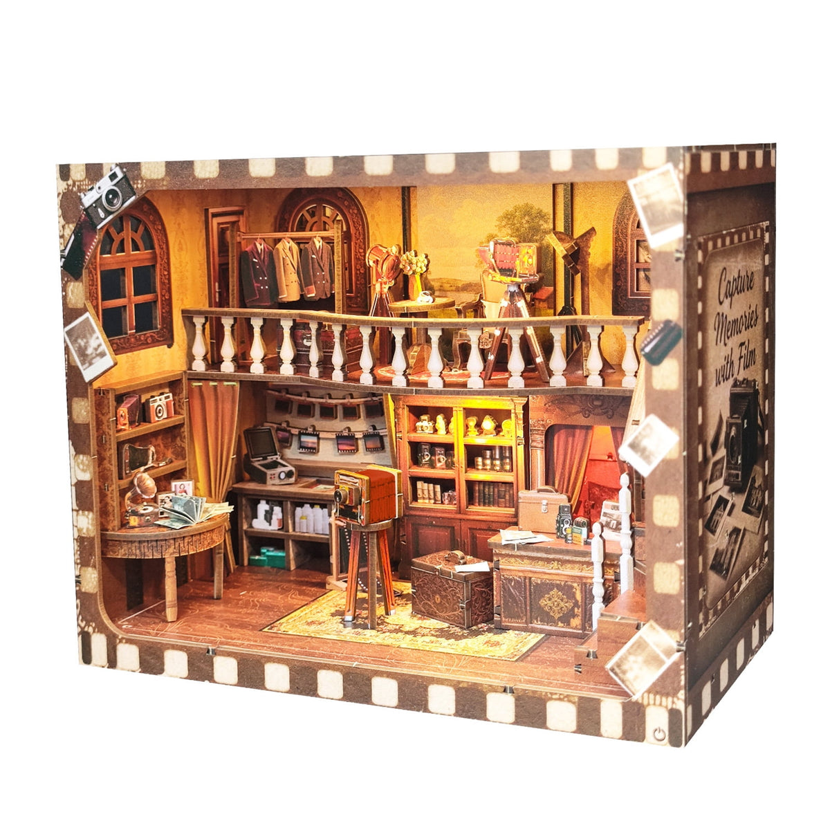 165 Piece Miniature 3D Wooden Puzzle, Vintage Photo Studio Model Kit with Touch LED Light, Desk and Shelf Display Decor, 9 Inch