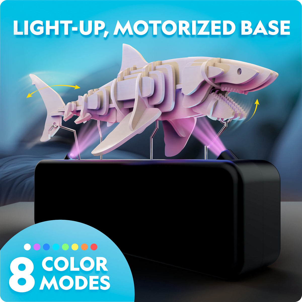 National Geographic Motorized Shark 3D Puzzle – 45-Piece Wooden Model Kit with Light-Up Display Base and Shark Facts