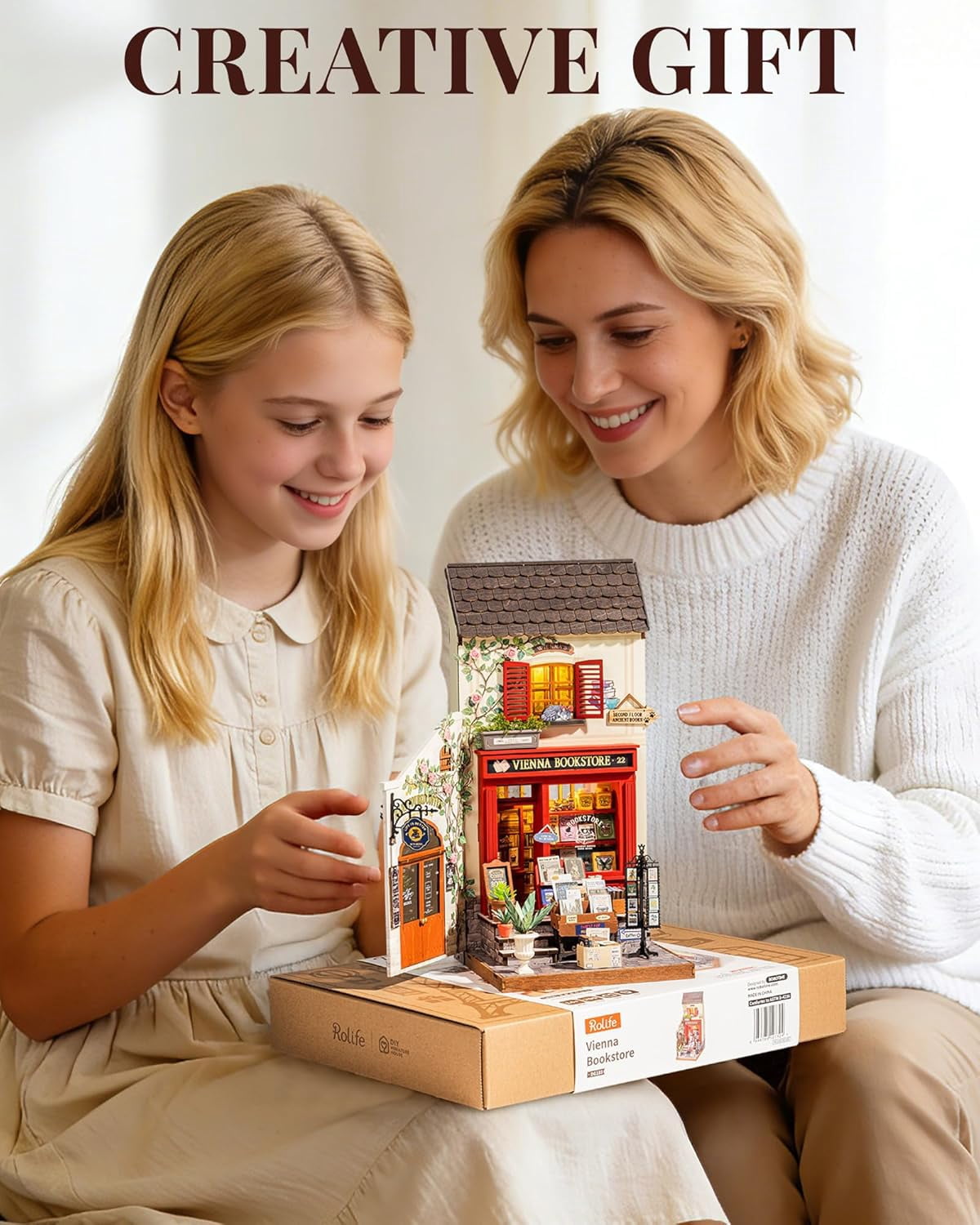 Rolife Vienna Bookstore DIY Miniature House Kit, 3D Wooden Puzzle Bookshelf Decor, Craft Model Building Set for Teens Adults, Creative Home Desk Decor Gift for Book Lovers