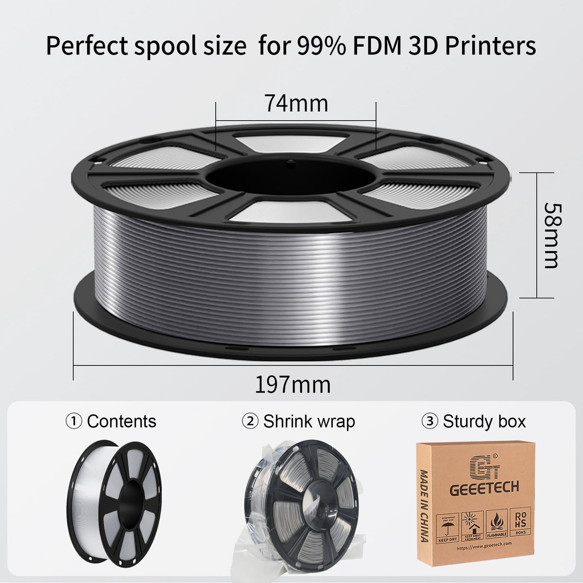 Geeetech 3D Printer Silk Silver PLA Filament 1.75mm,Metal-like Shiny Consumable 1kg (2.2lbs) 1 Spool