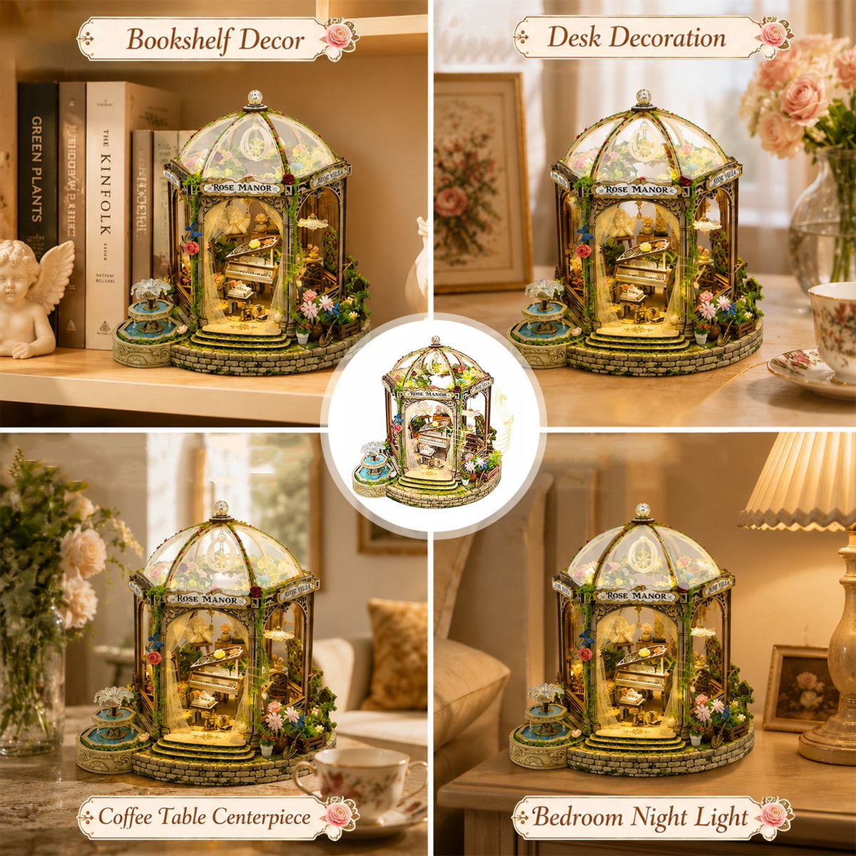 MOJINO Wooden DIY Miniature House Kit with LED Lights, Book Nook Kit for Adults, 3D Wooden Puzzle Miniature House Kit, Romantic Garden Style, Pre-Cut Craft Model Gift for Ages 14+