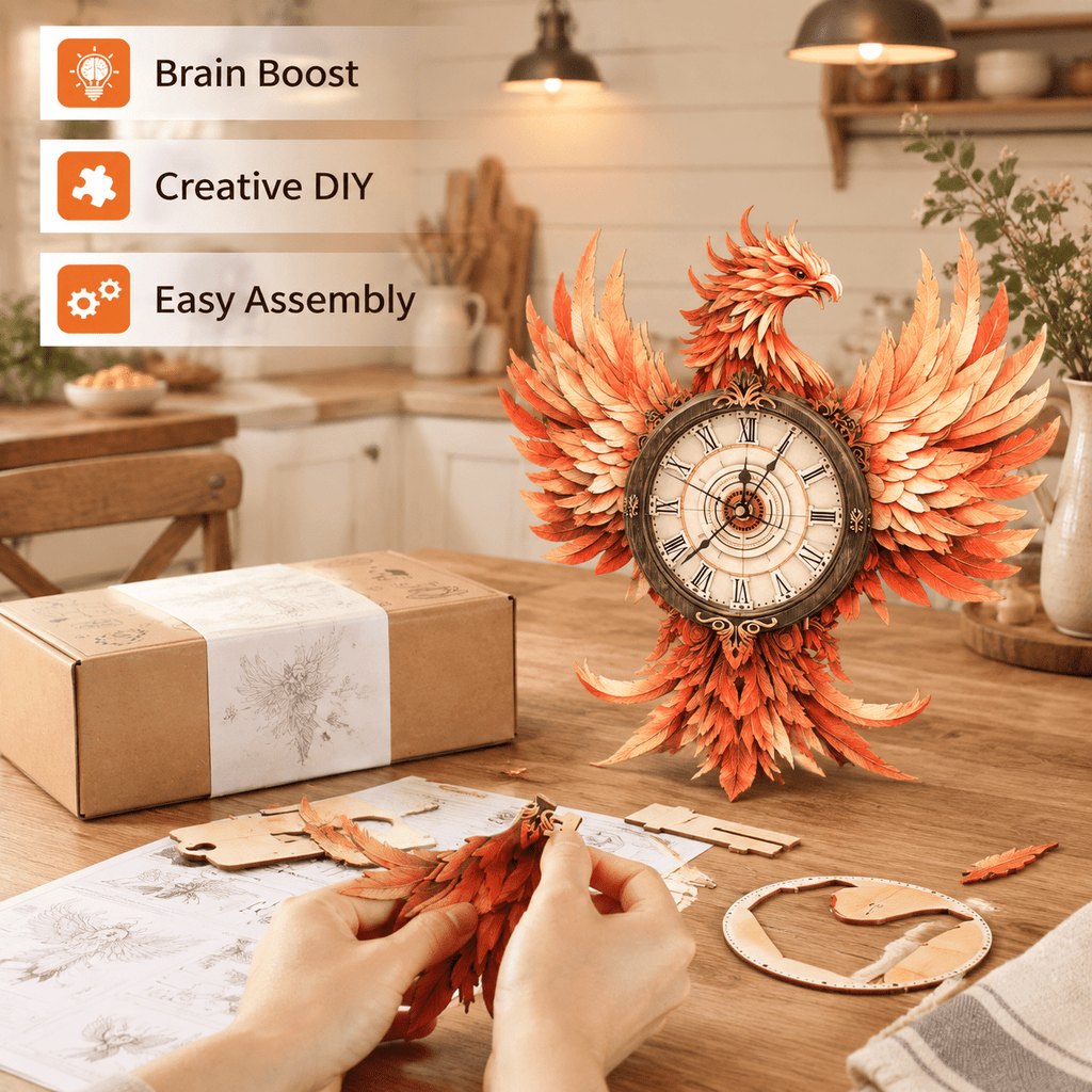 Fire Phoenix Wooden 3D Puzzle Clock DIY Model Kit for Adults