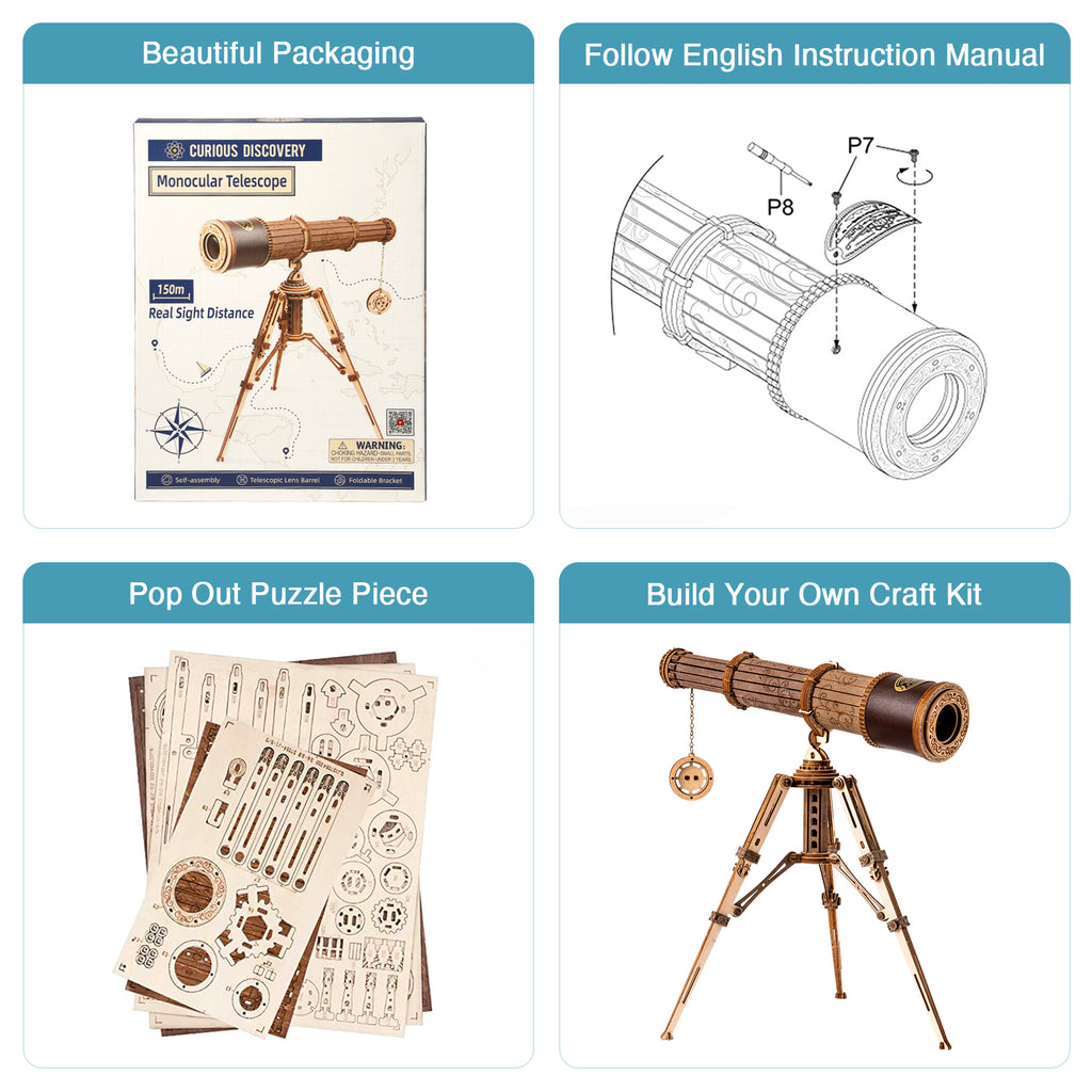 ROBOTIME Monocular Telescope 3D Wooden Puzzle, Mini Wooden Toys Craft Kits to Build, Gifts for Adults Teens