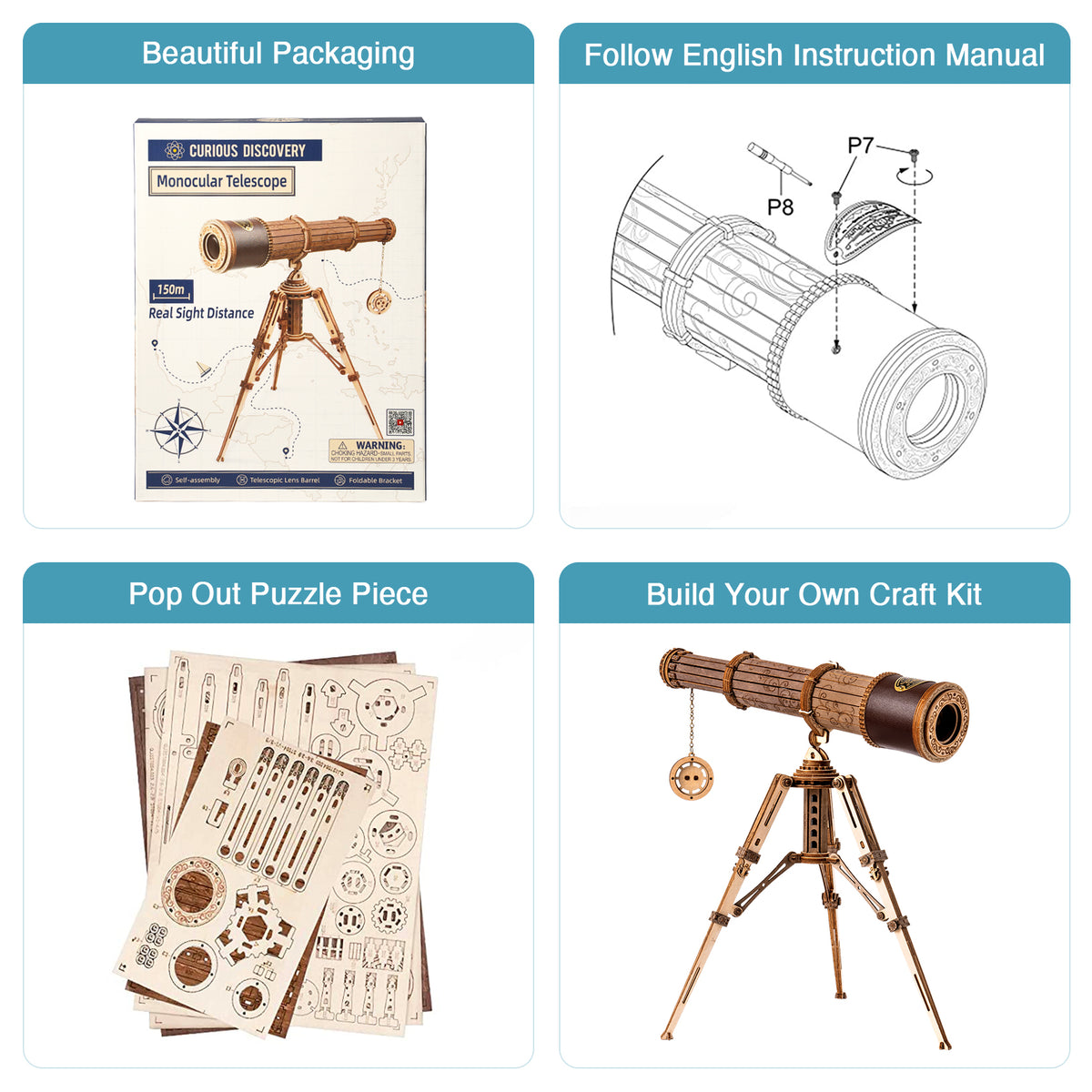 ROBOTIME Monocular Telescope 3D Wooden Puzzle, Mini Wooden Toys Craft Kits to Build, Gifts for Adults Teens