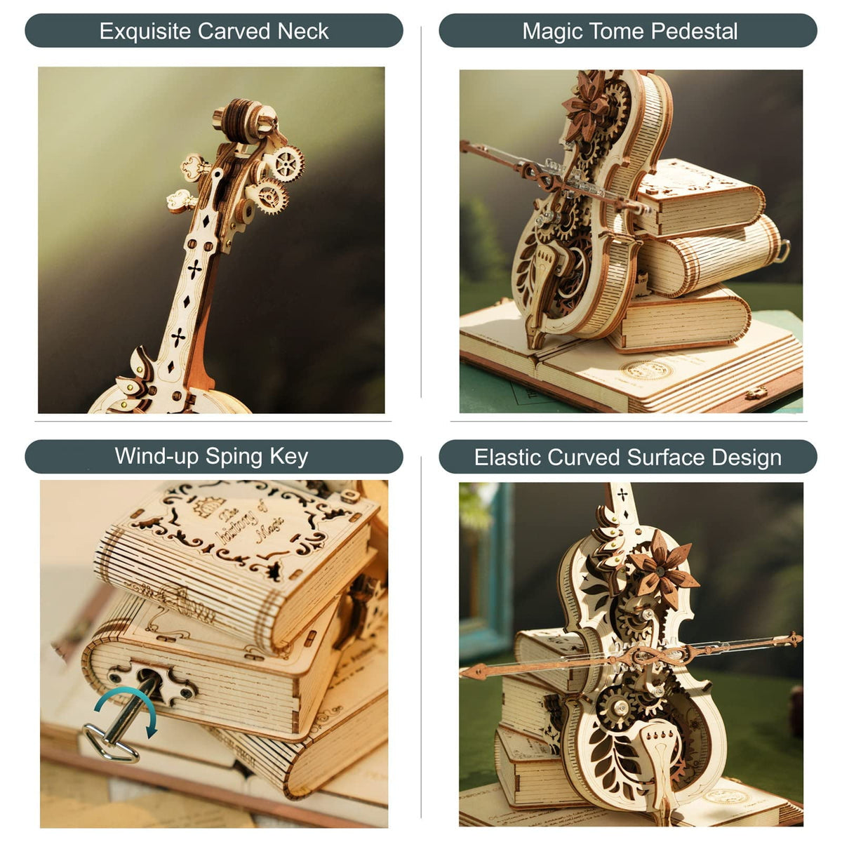 ROKR 3D Puzzle Music Box Wooden Model Kit Magic Cello Mechanical Building Kit Desk Gift for Men Women Hobby for Adults