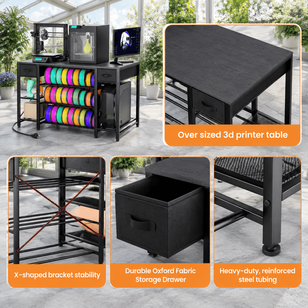 Rectangular Brown Heavy Duty Metal 3D Printer Table with Storage Drawer and Power Hub