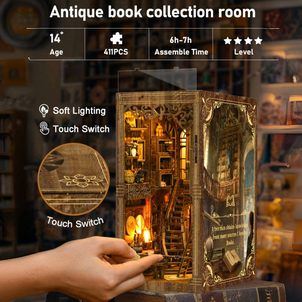 Book Nook Kit, Antique Library DIY Miniature House 3D Wooden Puzzle with LED Light, Bookshelf Insert Decor, Craft Kit Gift for Adults & Teens, Age 14+