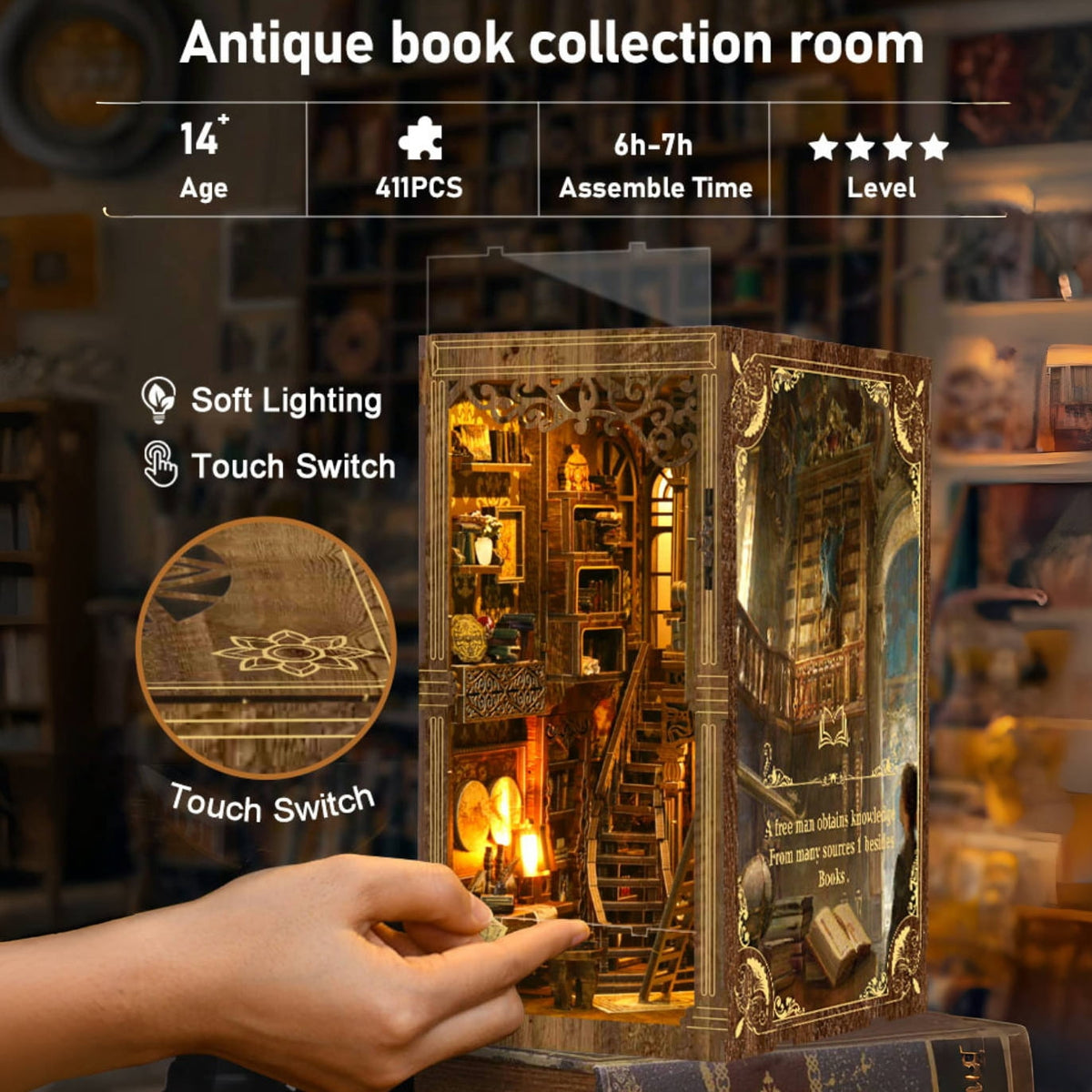 Book Nook Kit, Antique Library DIY Miniature House 3D Wooden Puzzle with LED Light, Bookshelf Insert Decor, Craft Kit Gift for Adults & Teens, Age 14+