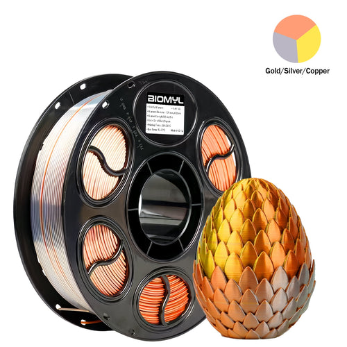 BIOMYL PLA 3D Printer Filament, PLA Filament 1.75mm Metal Gradient Color silk PLA, Tri Gold/Silver/Copper, 1kg Spool, Accuracy +/- 0.03mm