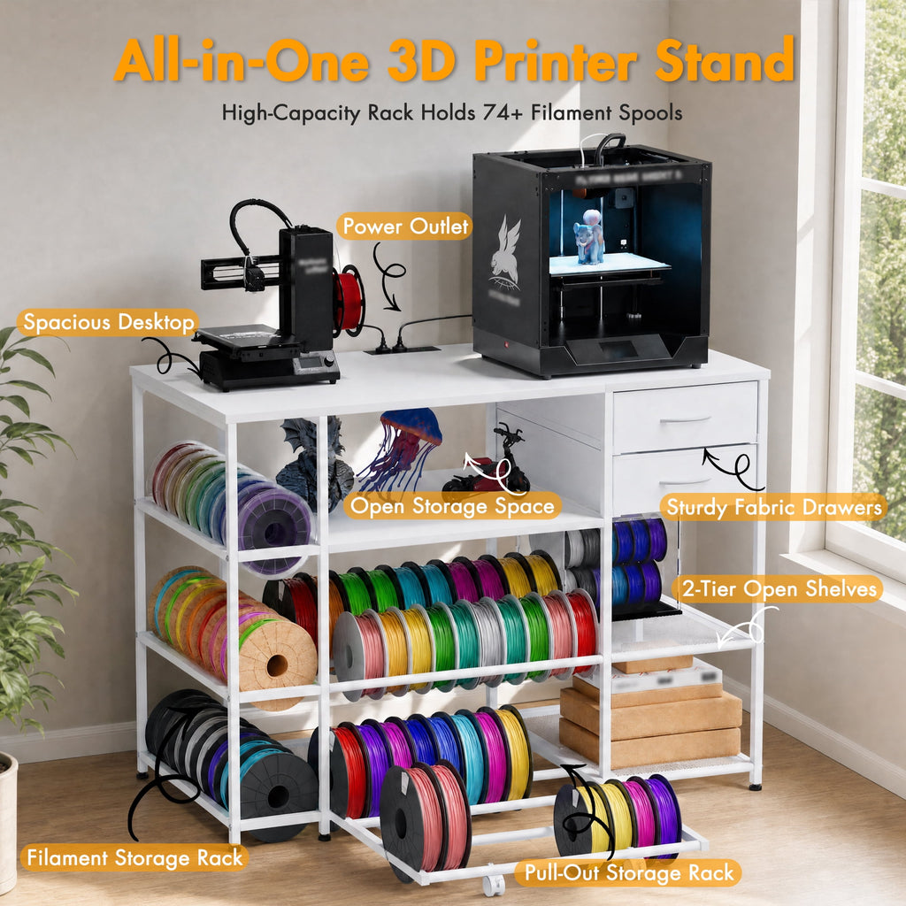 Advwin 47" Heavy Duty 3D Printer Stand with Power Outlet, Pull-Out Rolling Filament Storage Rack, 2 Fabric Drawers & Open Shelves, 3D Printer Table Workstation for Home Office Studio, Black