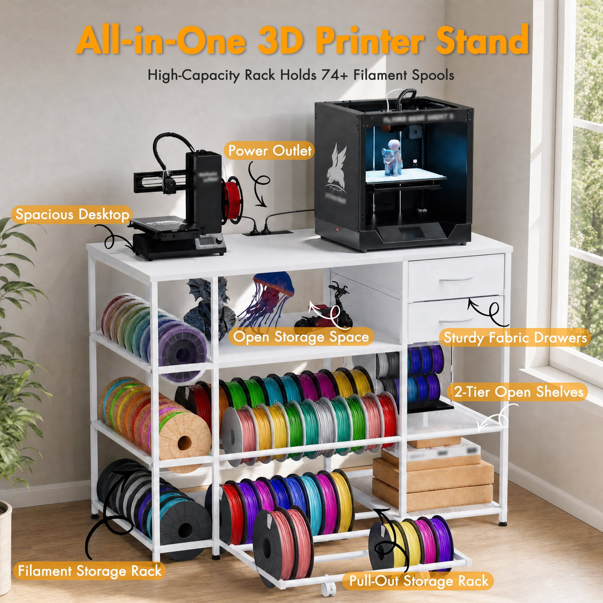 Advwin 47" Heavy Duty 3D Printer Stand with Power Outlet, Pull-Out Rolling Filament Storage Rack, 2 Fabric Drawers & Open Shelves, 3D Printer Table Workstation for Home Office Studio, Black