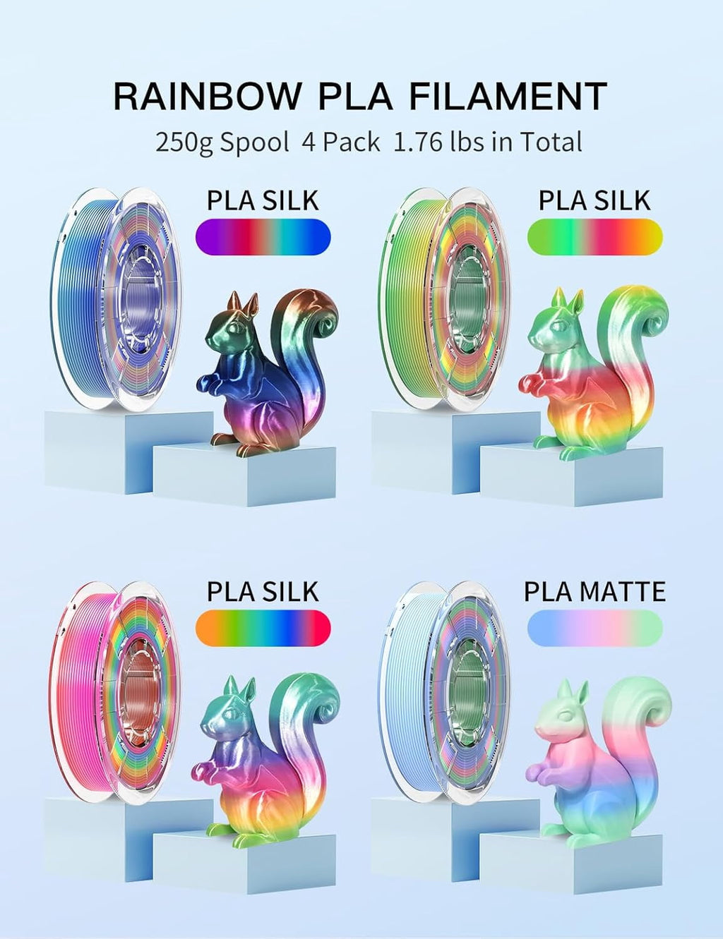 PINBALL Silk & Matte Rainbow PLA 3D Printer Filament 1.75mm, Shiny Multi-Color Changing Filament, Printing Dimensional Accuracy +/- 0.02mm, 250g*4 Spools