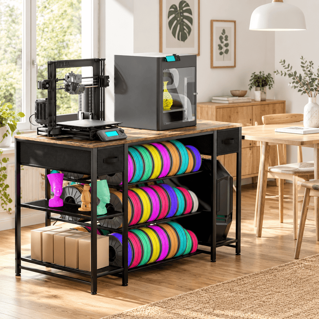 Rectangular Brown Heavy Duty Metal 3D Printer Table with Storage Drawer and Power Hub