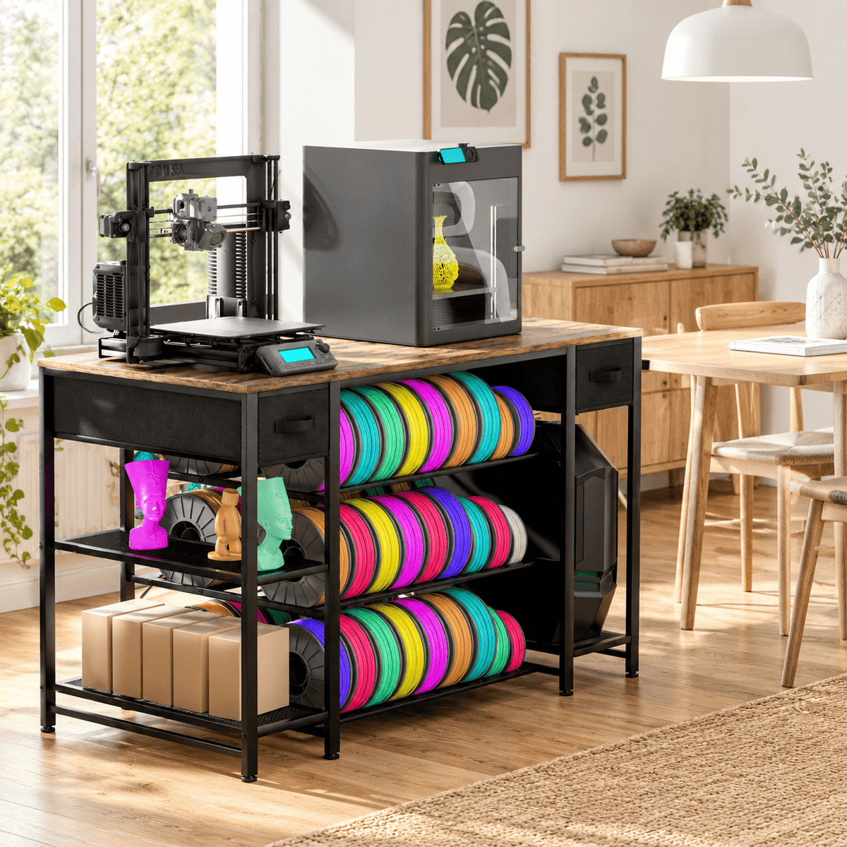 Rectangular Brown Heavy Duty Metal 3D Printer Table with Storage Drawer and Power Hub