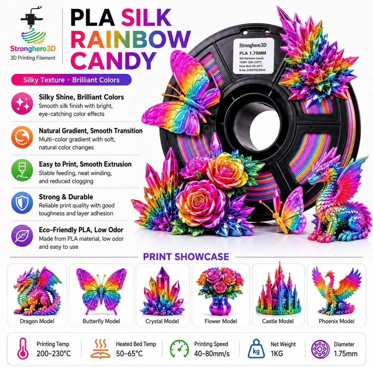 Silk PLA 3D Printer Filament 1.75mm,Candy Rainbow,Multi Color Printing Filament,Color Change for Most Printer,Net Weight 1kg(2.2lbs) Accuracy +/-0.05mm