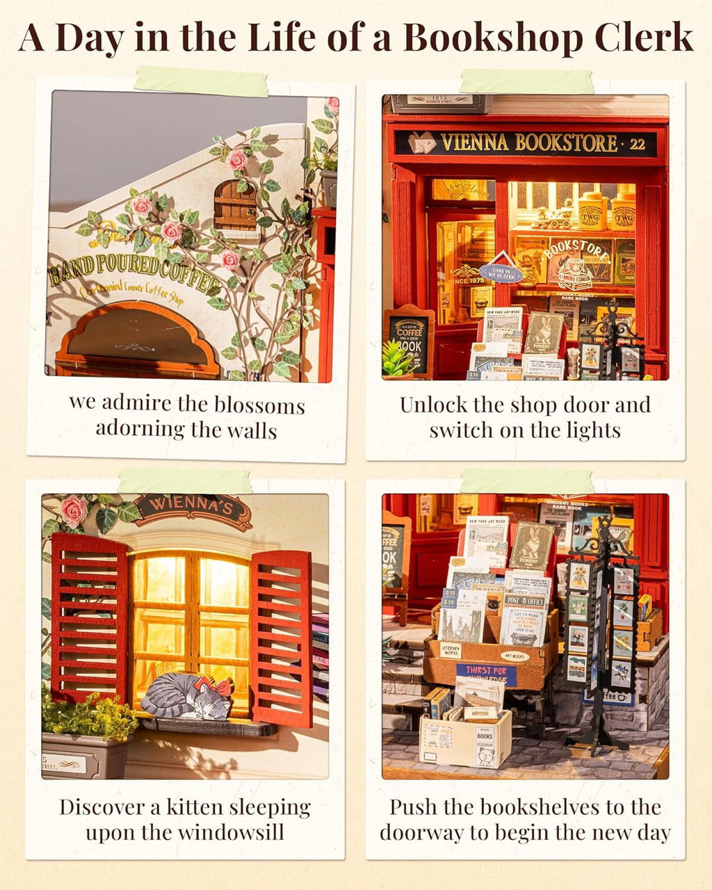 Rolife Vienna Bookstore DIY Miniature House Kit, 3D Wooden Puzzle Bookshelf Decor, Craft Model Building Set for Teens Adults, Creative Home Desk Decor Gift for Book Lovers