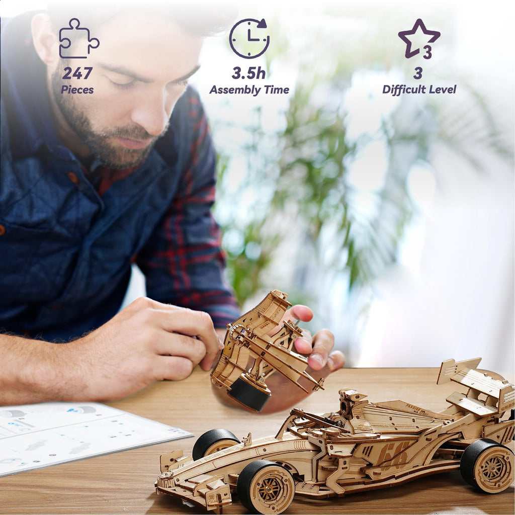 Robotime 3D Puzzles for Adults, F1 Racing Car 1:18 Scale Exquisite Wood Craft Kit Gift for Adults Desk Toys Gift for Boys/Girls