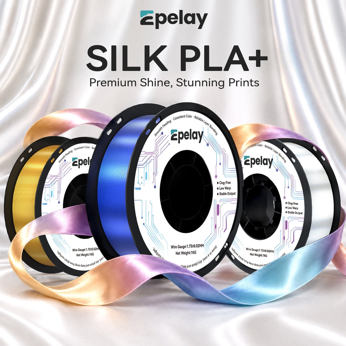 Epelay Silk PLA Plus 3D Printer Filament 1.75mm, Shiny Silver Finish, 1kg Spool, Strong Layer Adhesion, Smooth & Glossy Prints, Fits Most FDM Printers