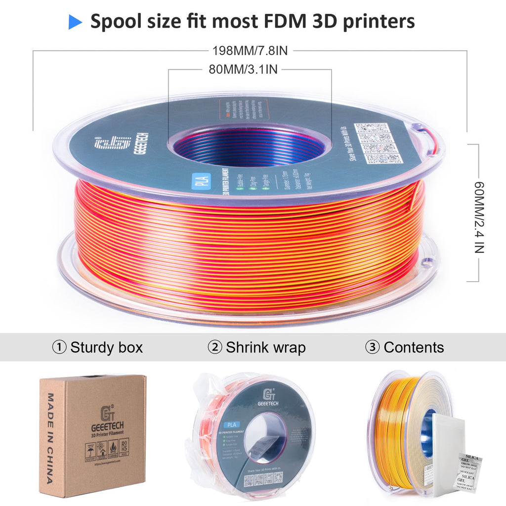 Geeetech Anti-silk type 3D Printer PLA Filament 1kg Toughness Enhanced Filament with 1.75mm Dimensional Accuracy +/-0.03mm, 1080 Feet per Roll, Vacuum Packaging Three-color blue, purple and black