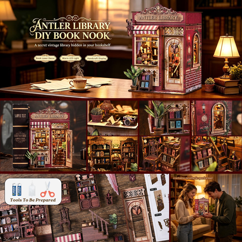 DIY Book Nook Kit with LED Light, Fantasy Wonderland Fold-Out Storybook Diorama, 3D Wooden Puzzle Bookshelf Decor Gift for Adults Teens