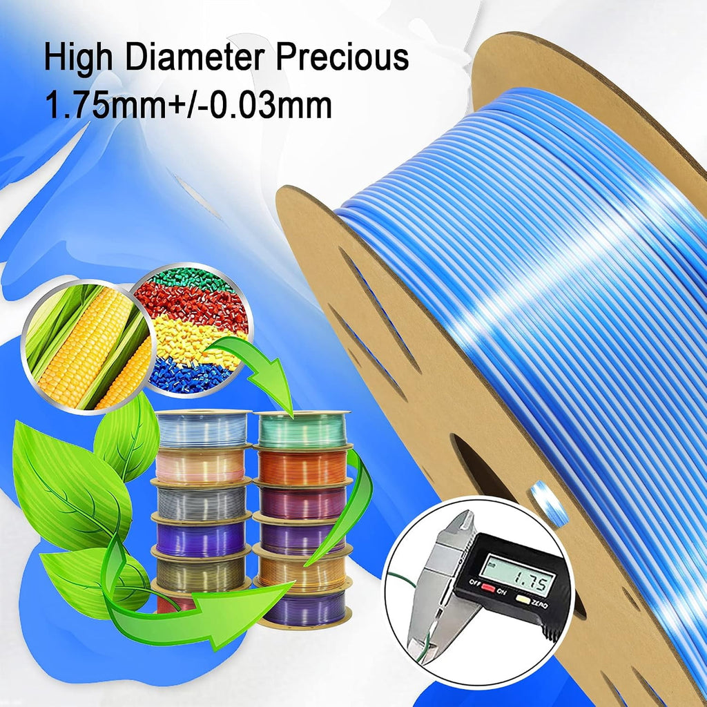 1.75mm Silk Blue/White PLA Dual Color in 1 Coextrusion PLA 3D Printing Filament, 1KG 2.2lbs 2 Color Silk Bicolor Dichromatic 3D Printer Material, Widely Support for 3D Printers, Blue/White