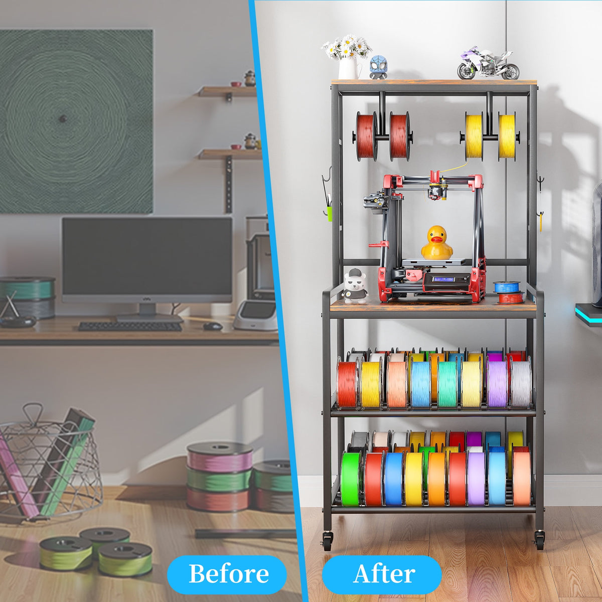 Heavy Duty 3D Printer Stand with Storage Shelf and Drawer, Industrial Rolling Printer Rack for 3D Printer Filament and Tools, Sturdy Metal Frame Printer Table for Home Office Workshop