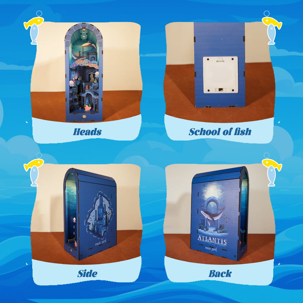 Book Nook 3D Wooden Puzzle for Adults DIY Atlantis Underwater City with Sensor Light Bookshelf Decor Birthday Christmas Gift