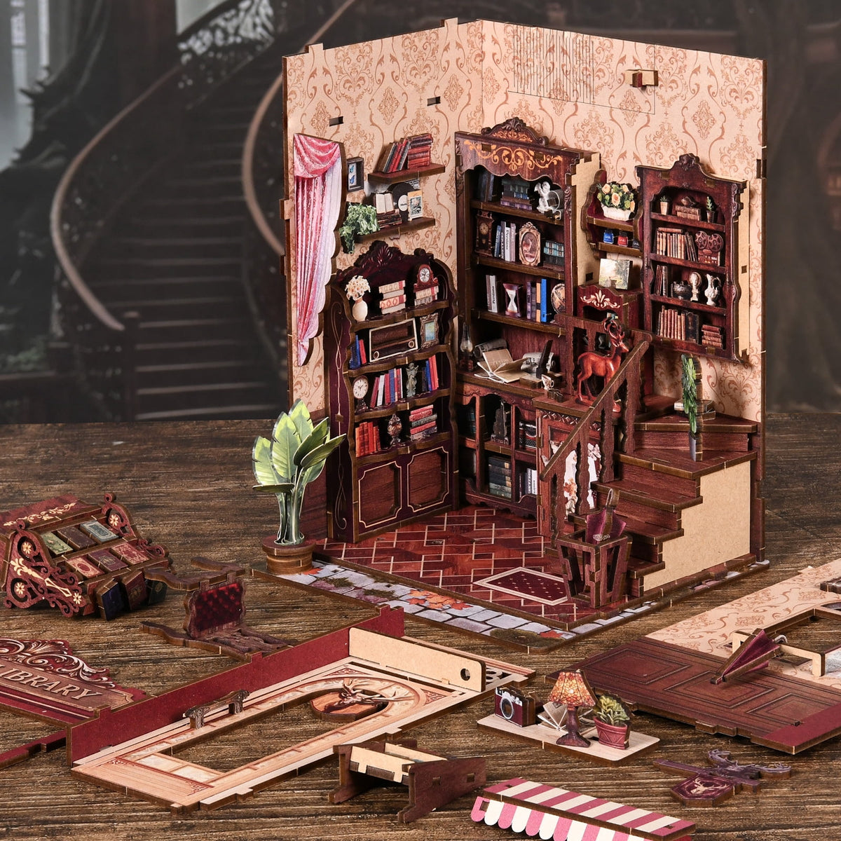 DIY Book Nook Kit with LED Light, Fantasy Wonderland Fold-Out Storybook Diorama, 3D Wooden Puzzle Bookshelf Decor Gift for Adults Teens