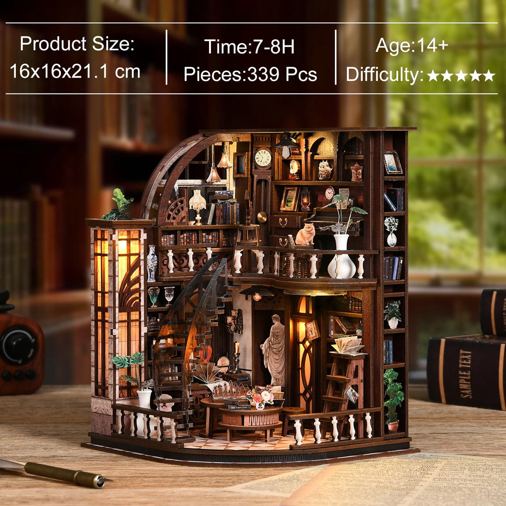DIY Book Nook Kit with LED Light,Forest Tea Book Club Miniature House Bookshelf Insert Decor, 3D Wooden Puzzle Dollhouse Craft Kit for Adults Teens, Book Lover Gift