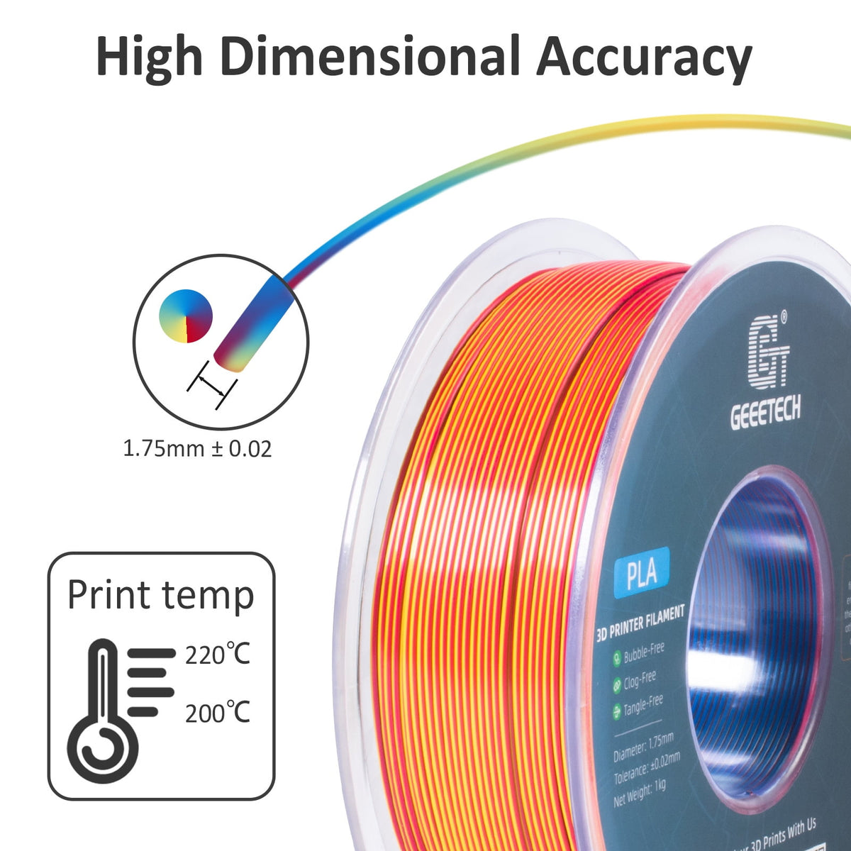 Geeetech Anti-silk type 3D Printer PLA Filament 1kg Toughness Enhanced Filament with 1.75mm Dimensional Accuracy +/-0.03mm, 1080 Feet per Roll, Vacuum Packaging Three-color blue, purple and black