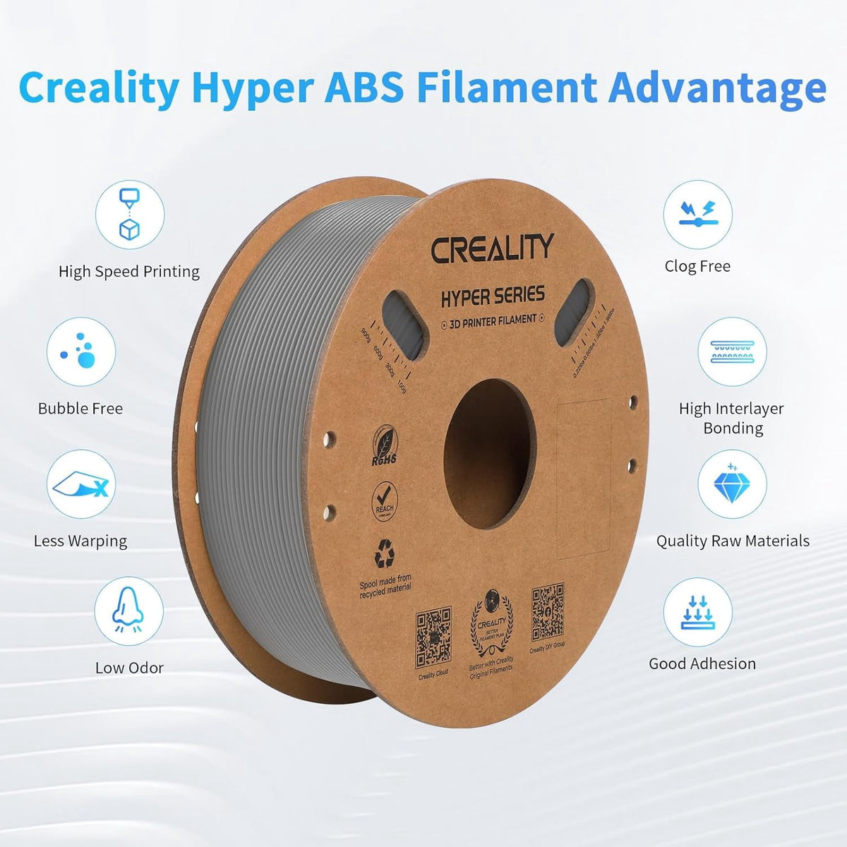 Creality Hyper ABS Filament 3D Printer Filament 1.75mm 350mm/s High-Speed Printing Dimensional Accuracy ± 0.05 mm 2.2lbs Compatible with Most 3D Printers, Grey