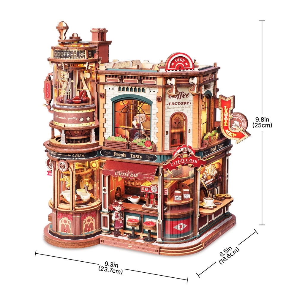 ROKR Dream Coffee Factory Music Box Wooden 3D Puzzle for Adult, LED Lights & Music Building Mechanical Model Kits Home Decor Xmas Gift