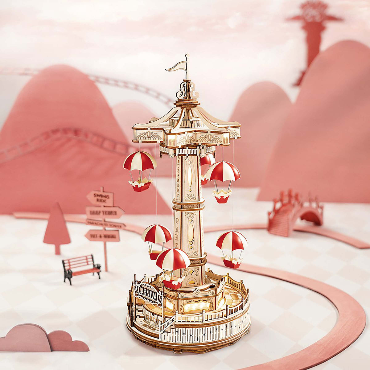 ROKR 184Pieces 3D Wooden Puzzle Parachute Tower DIY Music Box Gift for Birthday Children Adult