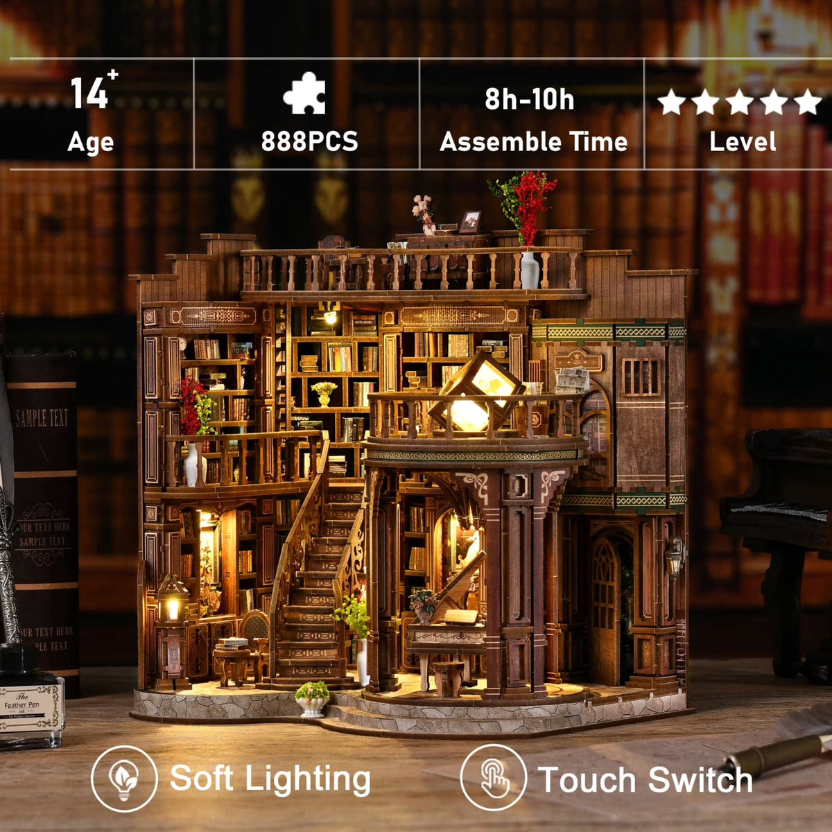 LSNOYRD DIY Book Nook Kit with LED Light, Dreamy Book Hall 3D Wooden Puzzle Miniature House Bookend for Bookshelf Decor, 888PCS, Craft Gift for Adults
