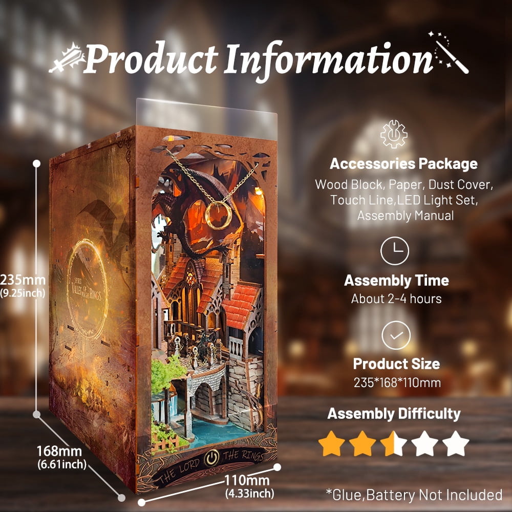 Strucwood DIY Book Nook Kit The Lord The Ring Wooden Puzzles with LED Dust Cover,3D Crafts Hobbies Gifts for Adults（SQ-05）