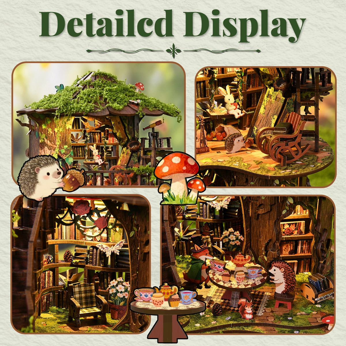 DIY Book Nook Kit with LED Light,Forest Tea Book Club Miniature House Bookshelf Insert Decor, 3D Wooden Puzzle Dollhouse Craft Kit for Adults Teens, Book Lover Gift