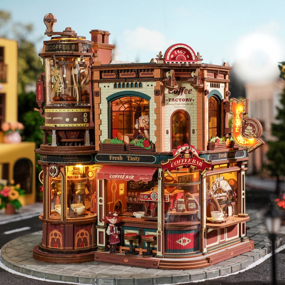 ROKR Dream Coffee Factory Music Box Wooden 3D Puzzle for Adult, LED Lights & Music Building Mechanical Model Kits Home Decor Xmas Gift