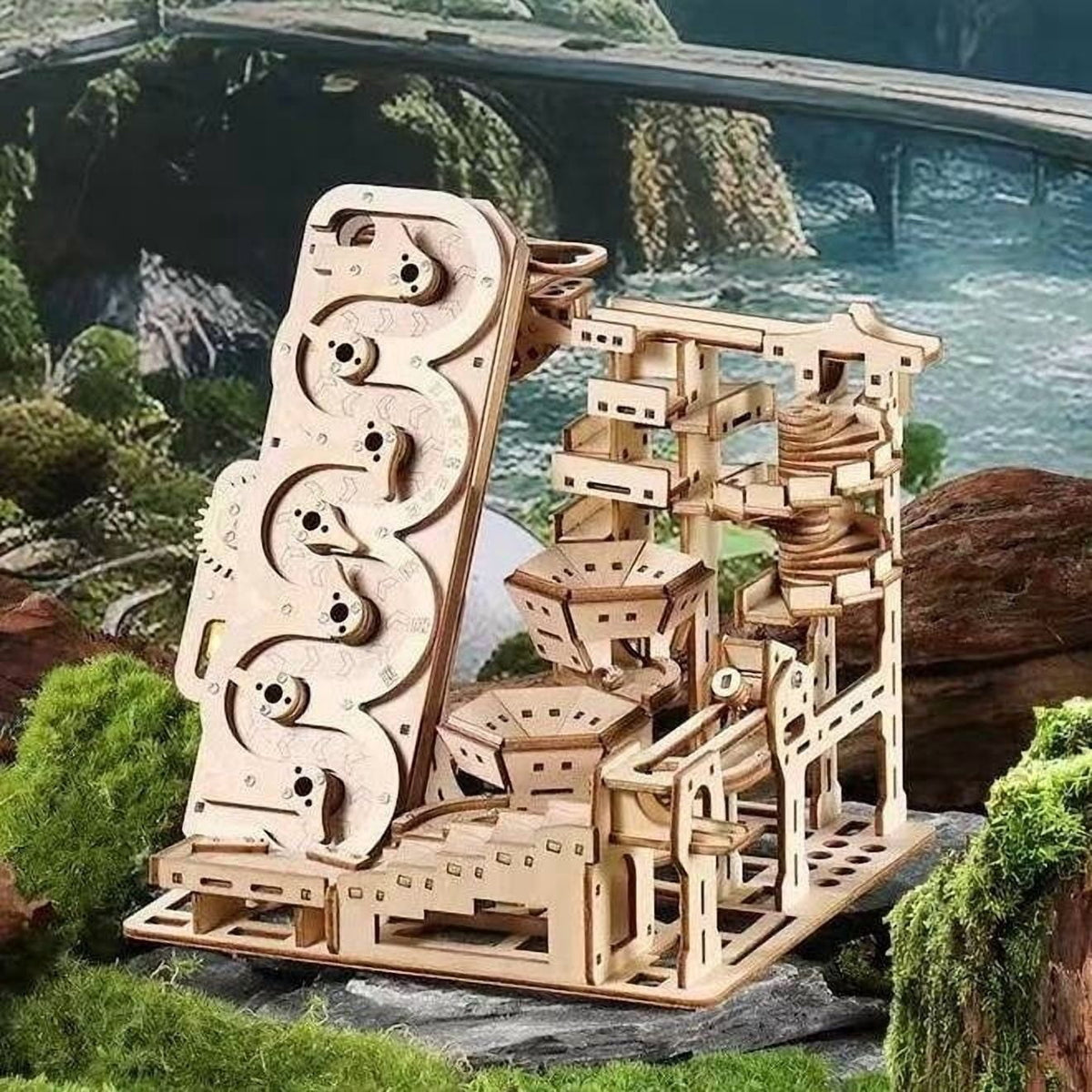 Electric Marble Run DIY Wooden 3D Puzzle Kit, Battery‑Powered Marble Track Model Building Kit for Teens & Adults 14+
