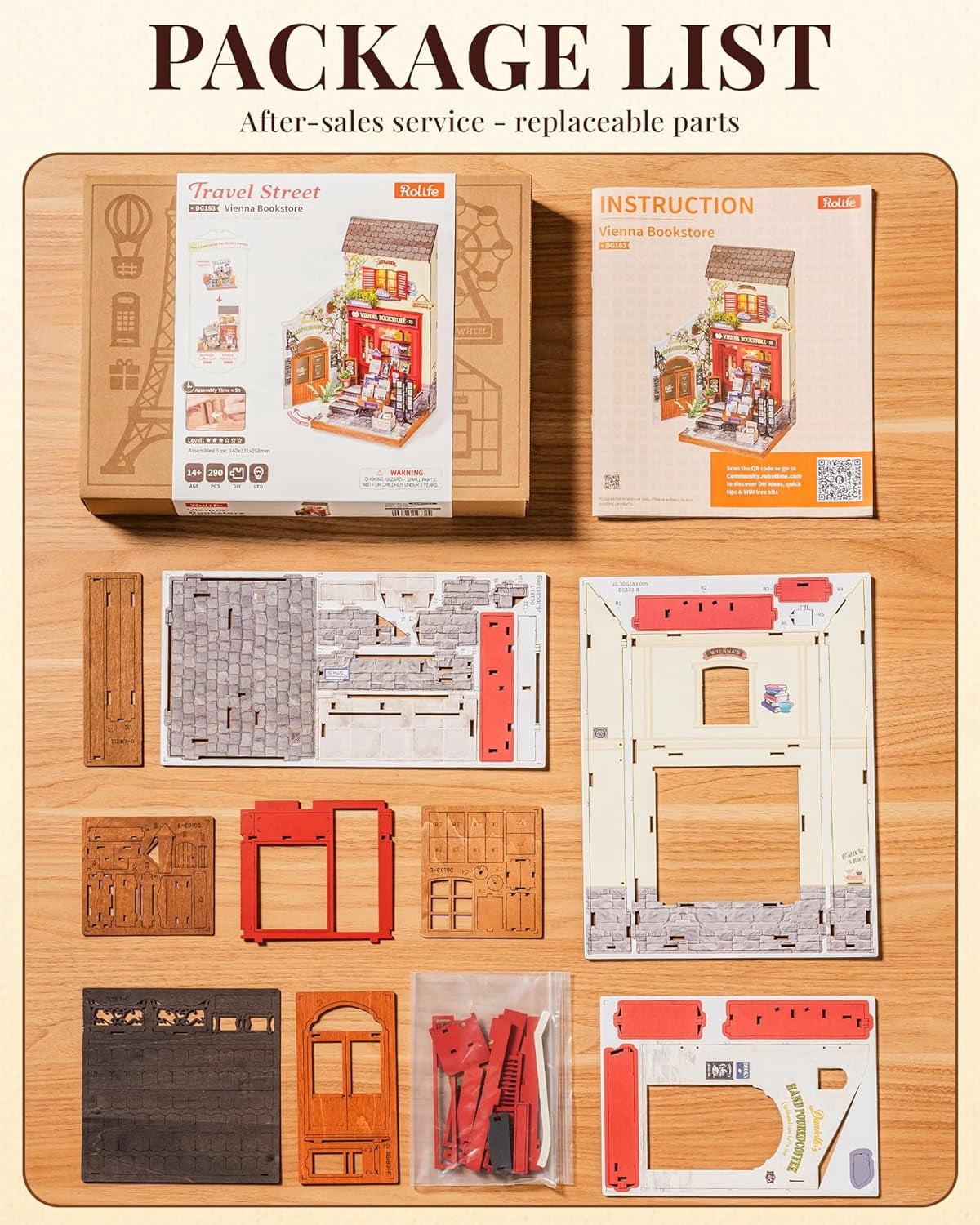 Rolife Vienna Bookstore DIY Miniature House Kit, 3D Wooden Puzzle Bookshelf Decor, Craft Model Building Set for Teens Adults, Creative Home Desk Decor Gift for Book Lovers
