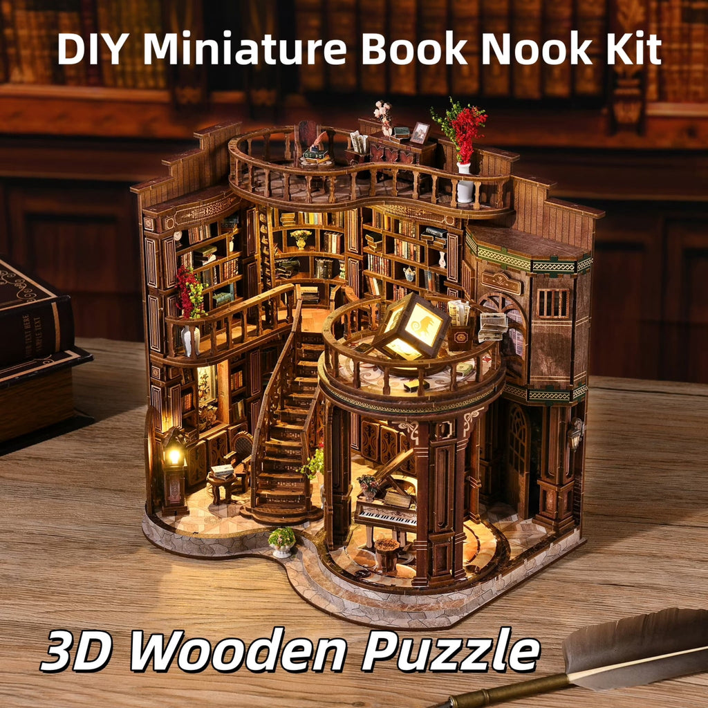LSNOYRD DIY Book Nook Kit with LED Light, Dreamy Book Hall 3D Wooden Puzzle Miniature House Bookend for Bookshelf Decor, 888PCS, Craft Gift for Adults