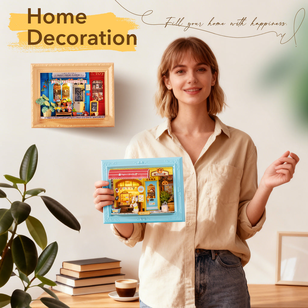 ROBOTIME 3D Wooden Puzzle, Wall-Mountable Tiny Home Creative Frame, Holiday Home Decor Craft Kits, Christmas Birthday Gifts for Adults Teens(Fluffy Cat Bakery)