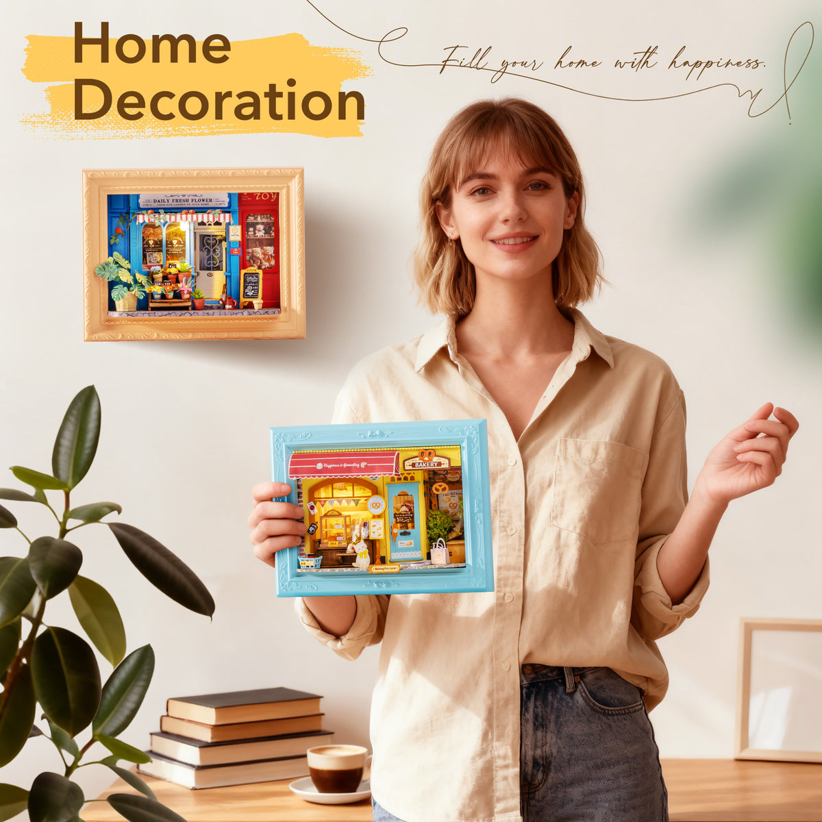 ROBOTIME 3D Wooden Puzzle, Wall-Mountable Tiny Home Creative Frame, Holiday Home Decor Craft Kits, Christmas Birthday Gifts for Adults Teens(Fluffy Cat Bakery)