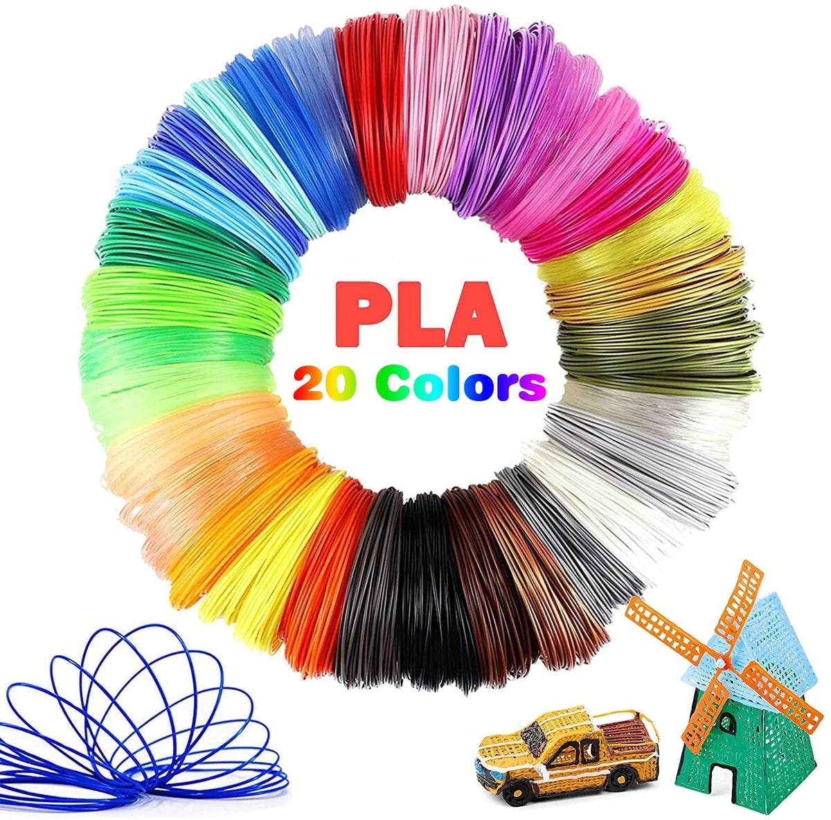 3D Pen PLA Filament Refills, 1.75mm PLA Filament Pack of 20 Colors Each Color 16 feet, Total 320 Feet, Create Professional Safety Refill for Kids, for 3D Pens and 3D Printers Arts