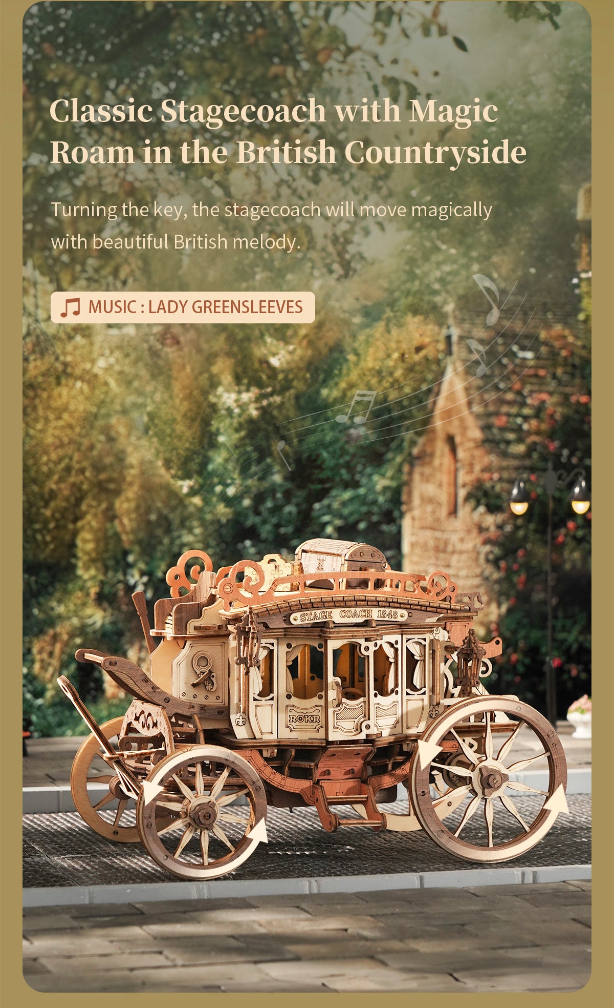 Robotime 3D Wooden Puzzles for Adults Music Box Model Car Stagecoach Toys Gift for Teens Adult