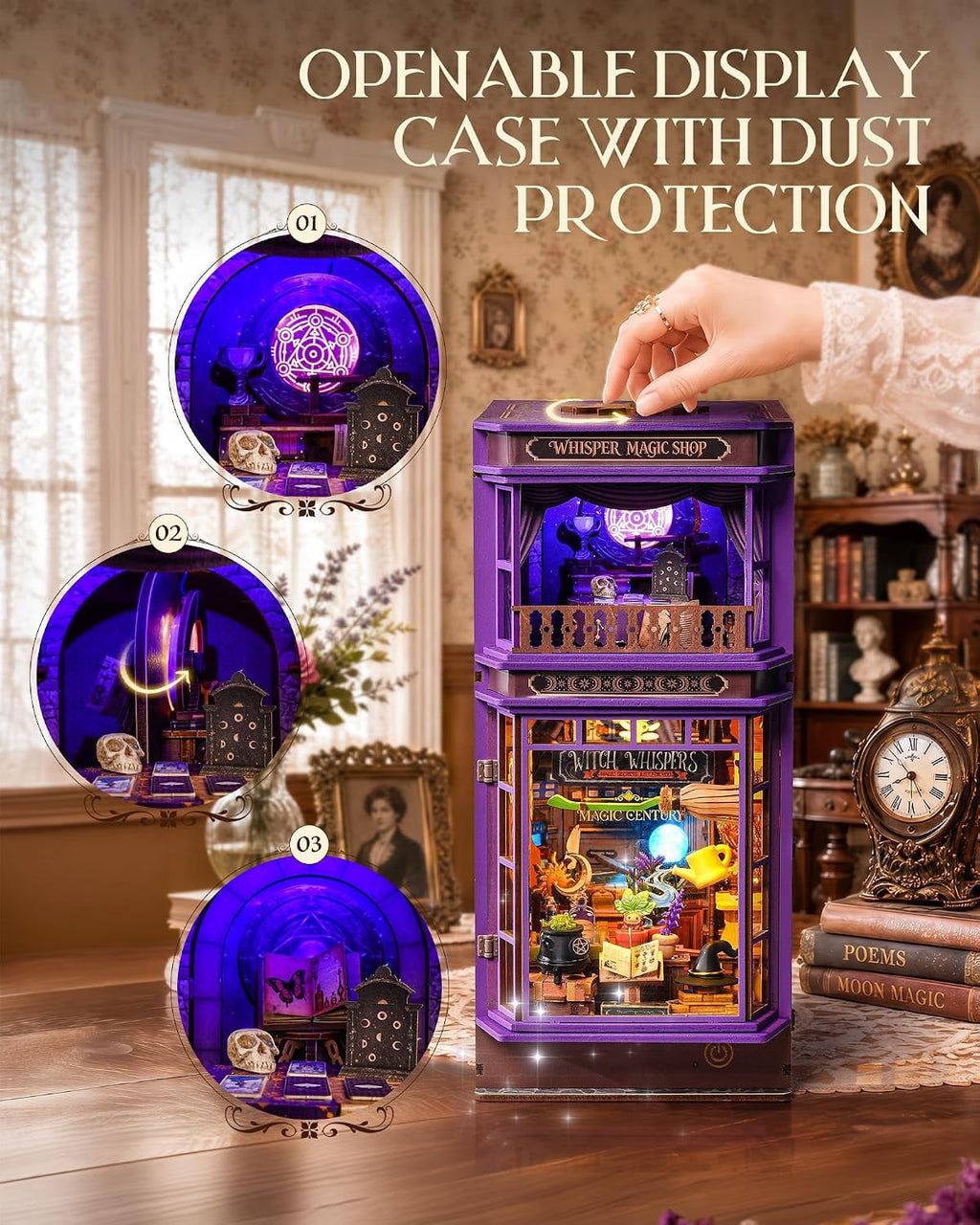 Rolife 442 Pieces Whisper Magic Shop with LED Light, 3D Wooden Puzzle Bookshelf Insert Decor for Adults and Book Lovers