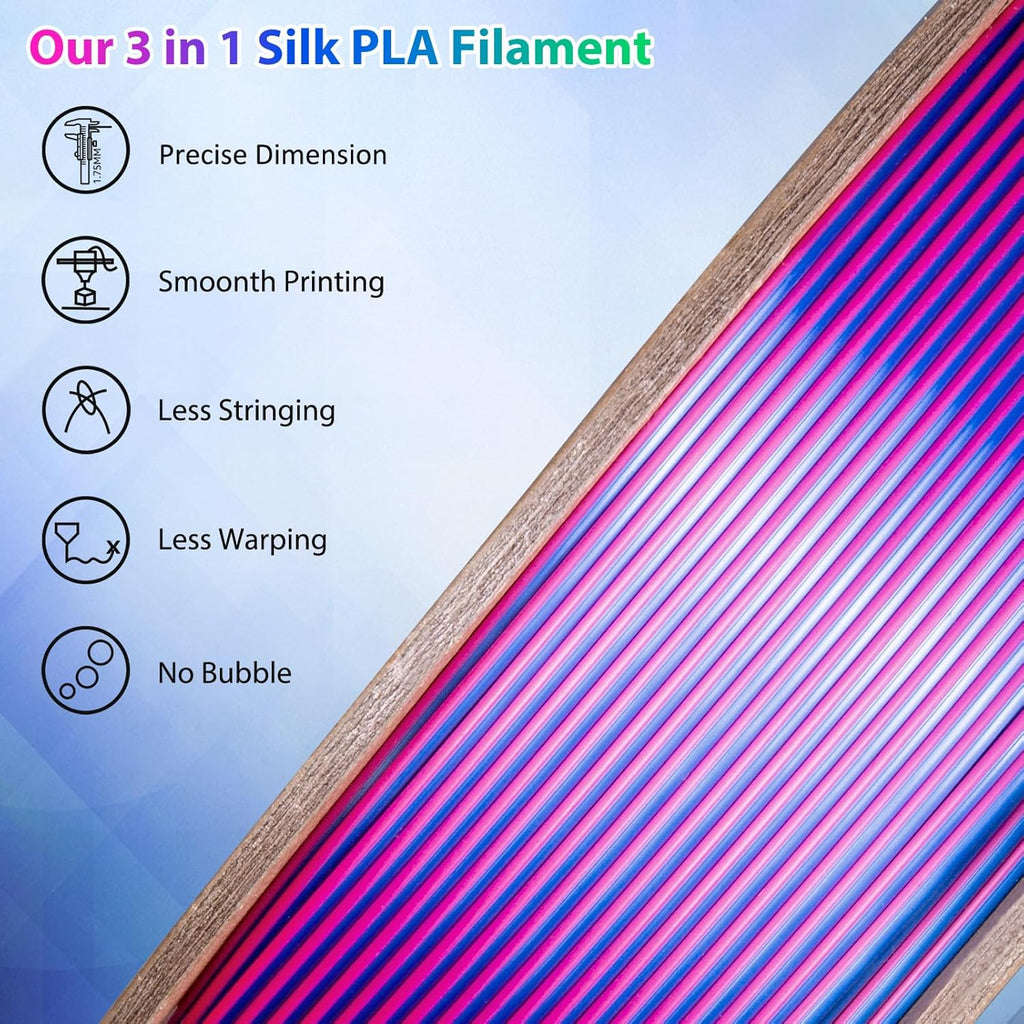 Multicolor 3D Printer Filament,Dual/Tri Color 1.75mm PLA Silk Shiny Printing Filament,250g(0.55lbs) Fit Most FDM 3D Printer
