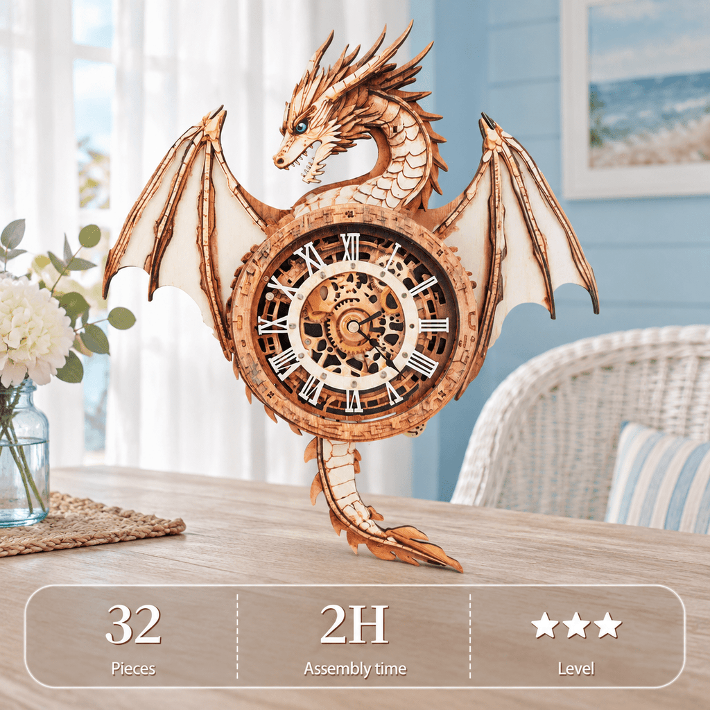 Fire Phoenix Wooden 3D Puzzle Clock DIY Model Kit for Adults