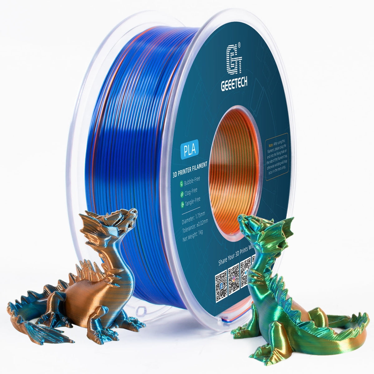 Geeetech Anti-silk type 3D Printer PLA Filament 1kg Toughness Enhanced Filament with 1.75mm Dimensional Accuracy +/-0.03mm, 1080 Feet per Roll, Vacuum Packaging Three-color blue, purple and black