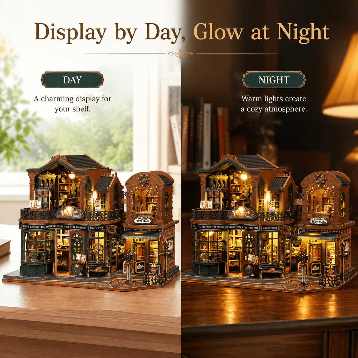 MOJINO DIY Miniature House Kit, Twilight Bookstore Book Nook Kit with LED Light, 3D Wooden Puzzle Book Nook Building Kit for Adults, Teens, Bookshelf Decor Gift