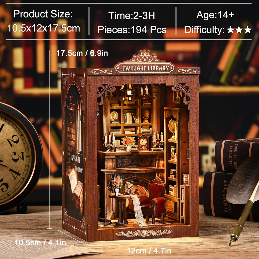 Book Nook Kit, MOJINO DIY Miniature House Kit, Wooden 3D Puzzle Glimmering Book Pavilion, DIY Handmade Book Nook Models, Birthday and Mother's Day Gifts for Family and Friends
